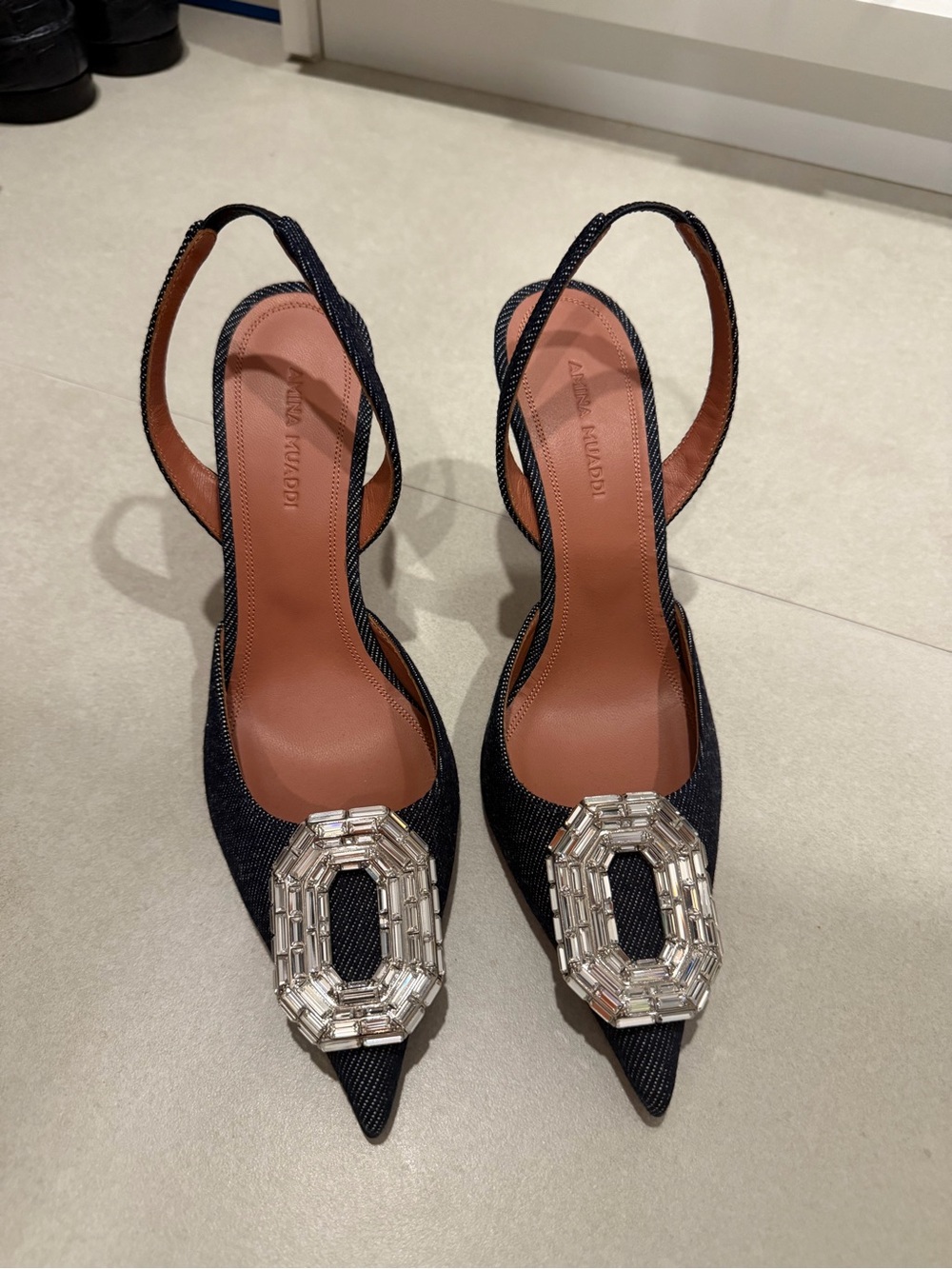 Amina Muaddi Denim Embellished Slingback Pumps